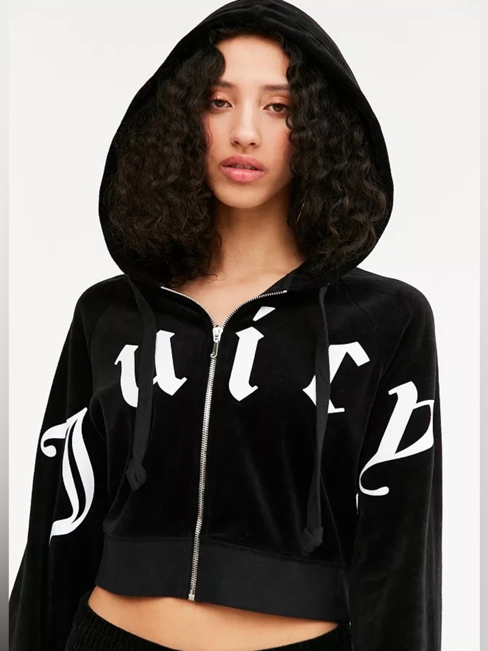 Juicy Couture Black Label Urban Outfitters Black Velvet Velour Cropped Hoodie L